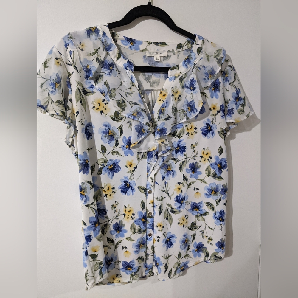 Perseption Concept White Blouse with Blue and Yellow Floral Print